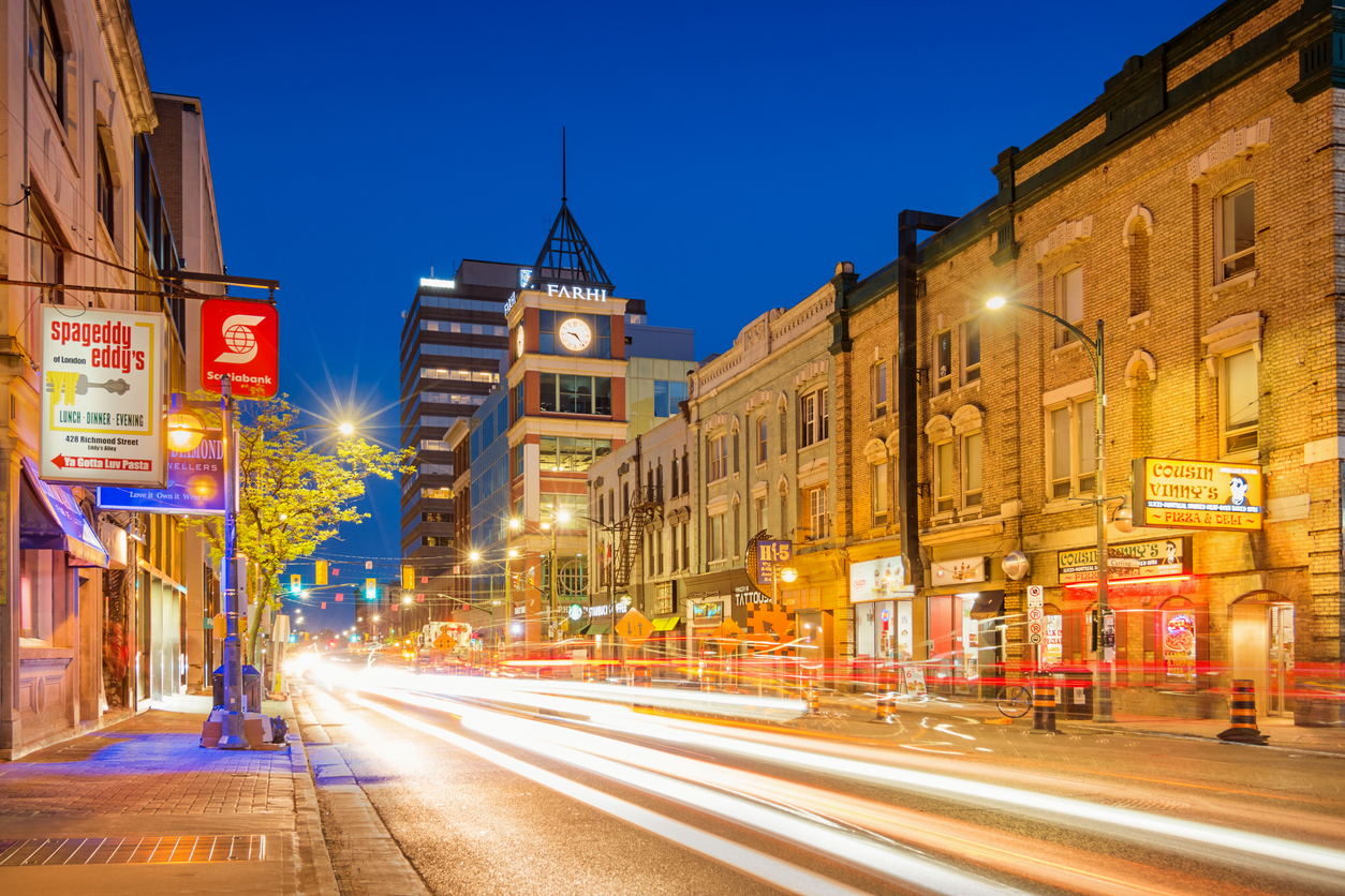 cars driving on Richmond Street in downtown London, Ontario, Canada