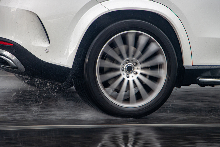 Close-up Shot of Car Tire Skidding on Wet Road